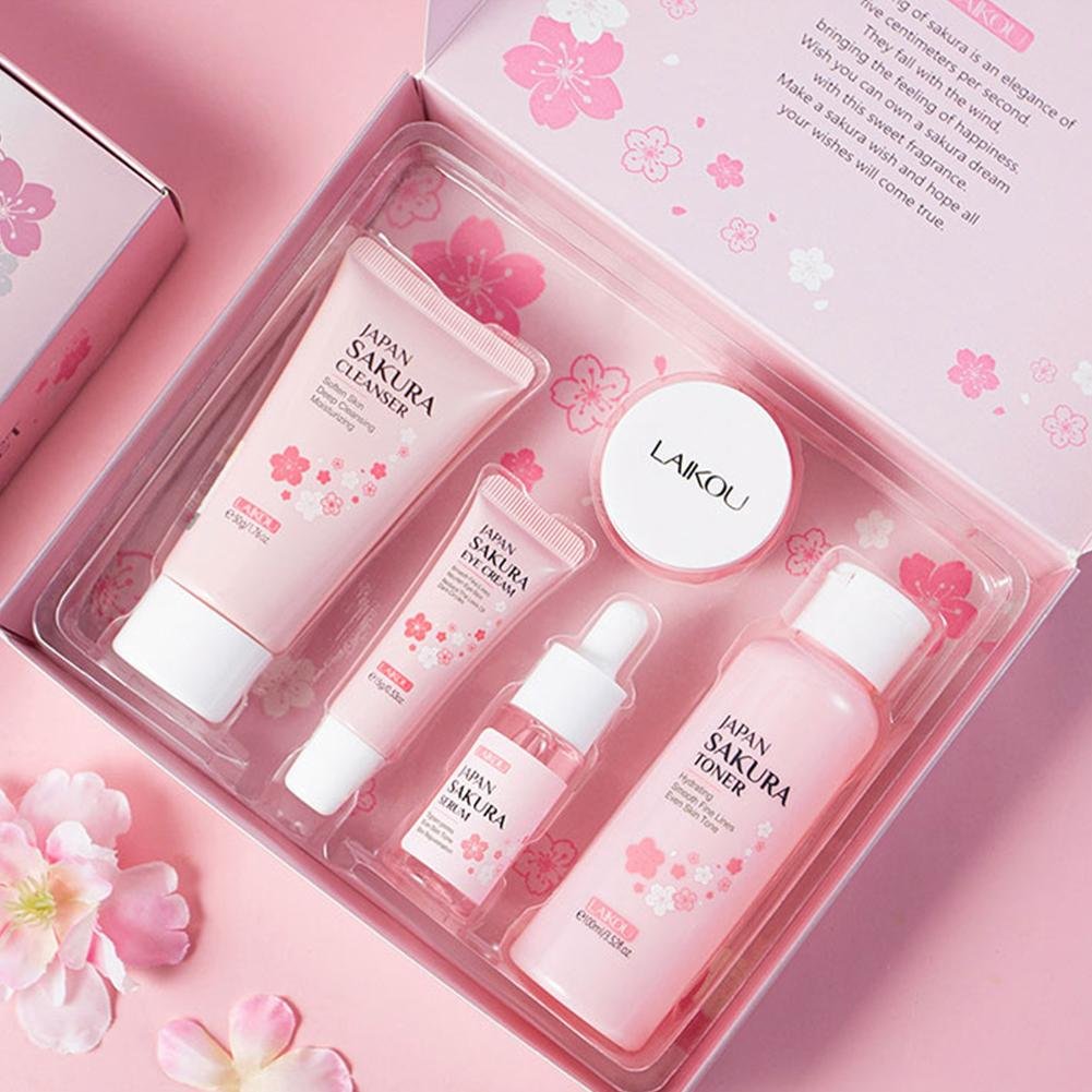 Japan Sakura Skincare Set – Facial Cleanser, Toner, Serum, Cream & Eye Cream (5 pcs) - CosmétiquebyLyria