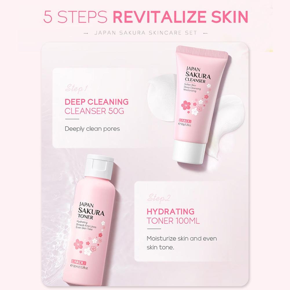 Japan Sakura Skincare Set – Facial Cleanser, Toner, Serum, Cream & Eye Cream (5 pcs) - CosmétiquebyLyria