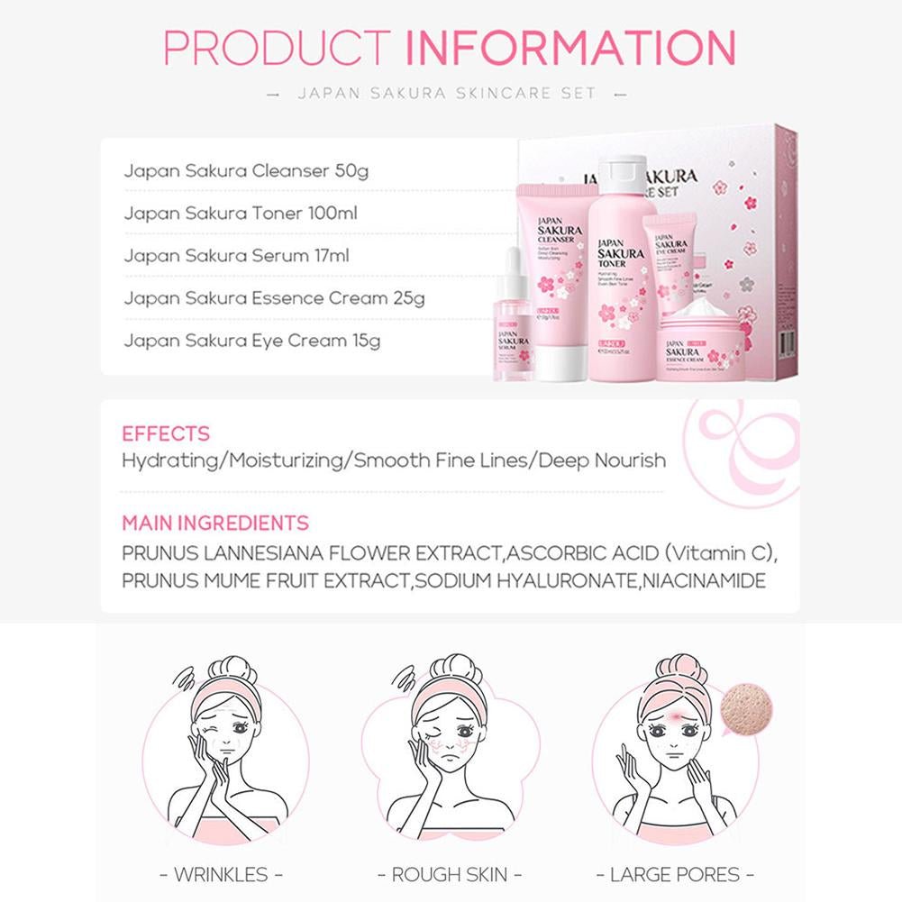 Japan Sakura Skincare Set – Facial Cleanser, Toner, Serum, Cream & Eye Cream (5 pcs) - CosmétiquebyLyria