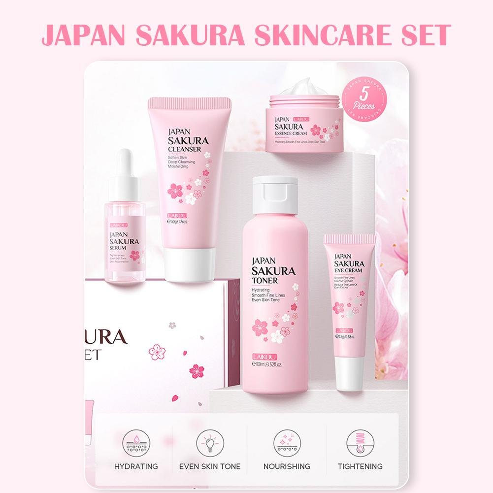 Japan Sakura Skincare Set – Facial Cleanser, Toner, Serum, Cream & Eye Cream (5 pcs) - CosmétiquebyLyria
