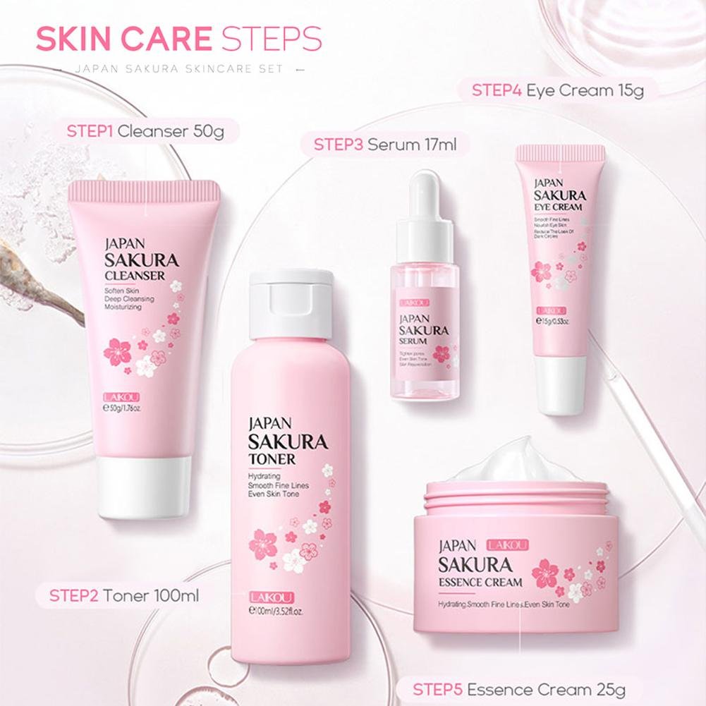 Japan Sakura Skincare Set – Facial Cleanser, Toner, Serum, Cream & Eye Cream (5 pcs) - CosmétiquebyLyria