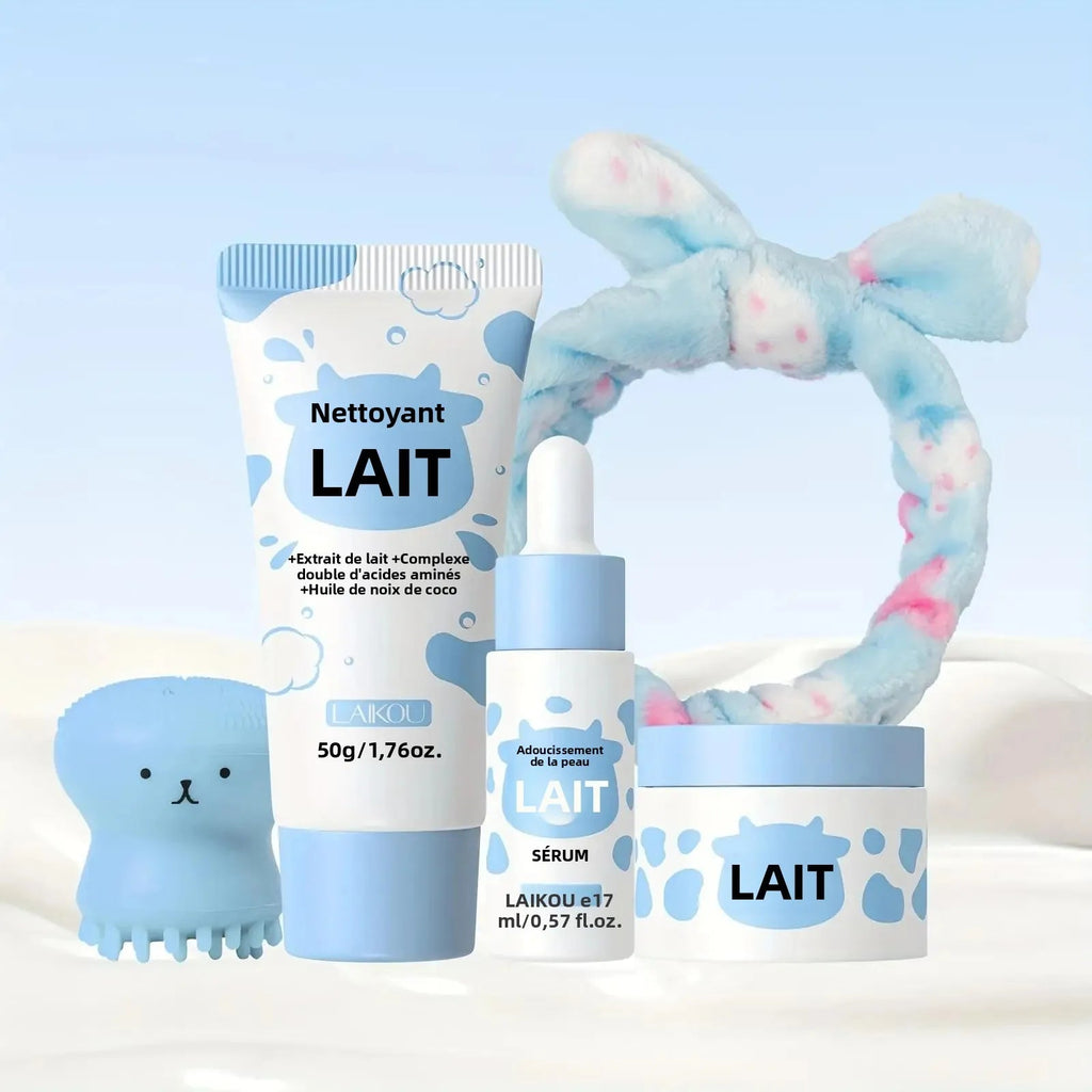 Milk Skincare Set - Hypoallergenic and Moisturizing | Facial Cleanser + Essence + Face Cream + Hair Band + Cleansing Brush - CosmétiquebyLyria