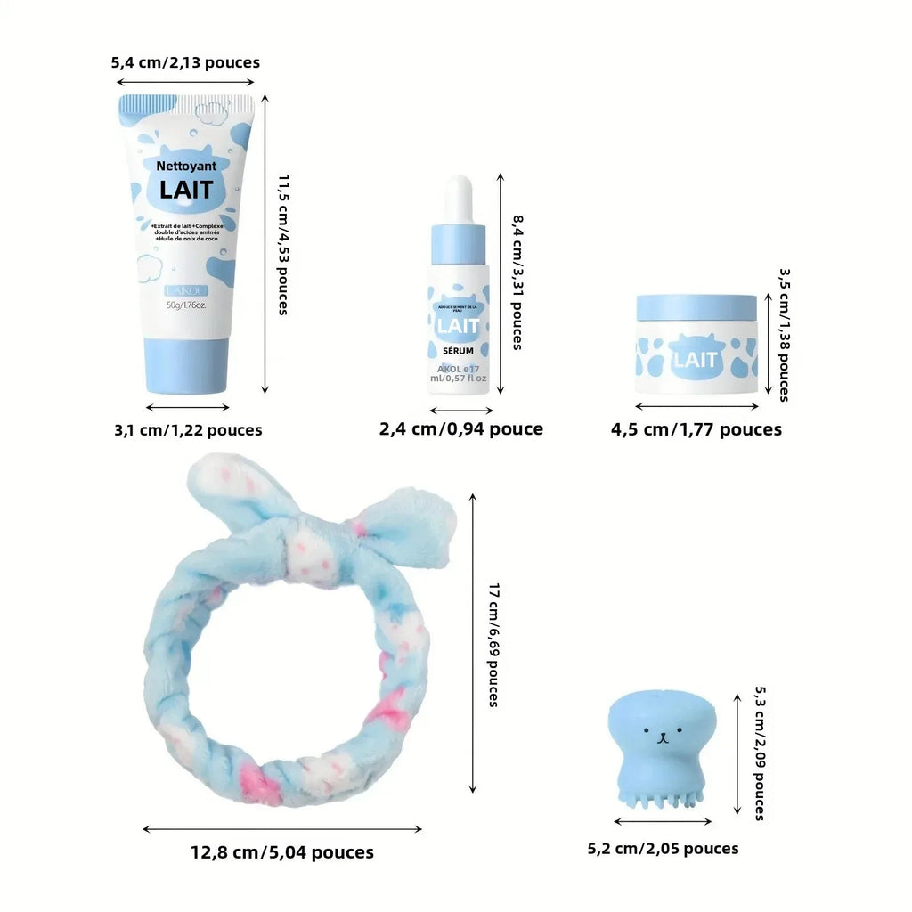 Milk Skincare Set - Hypoallergenic and Moisturizing | Facial Cleanser + Essence + Face Cream + Hair Band + Cleansing Brush - CosmétiquebyLyria