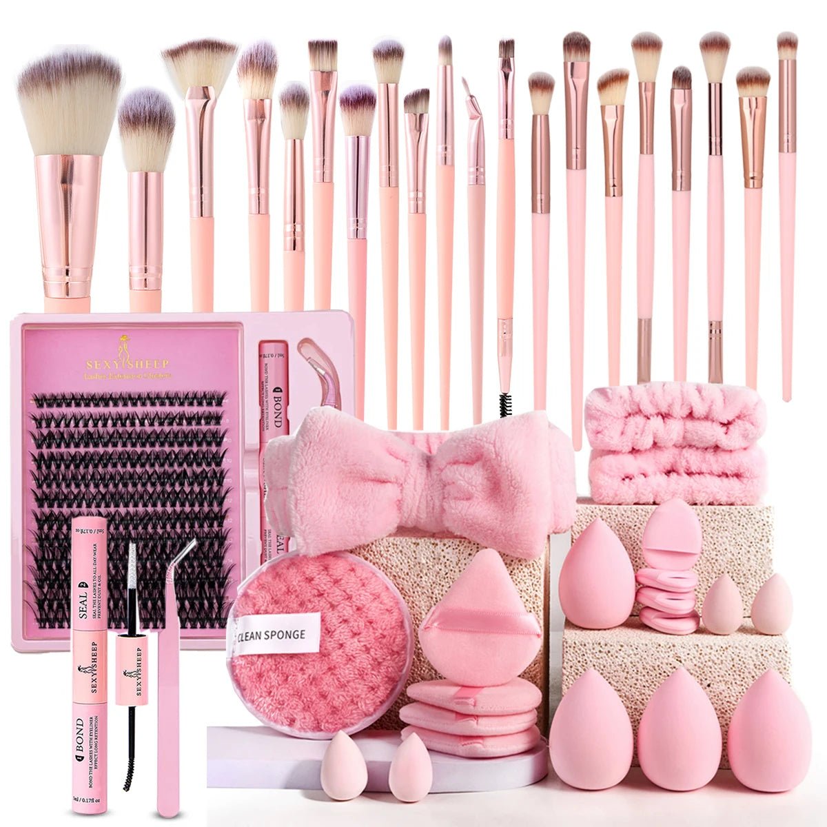 Pink Makeup Set – Brushes, Beauty Sponges, Headband & Beauty Accessories - CosmétiquebyLyria