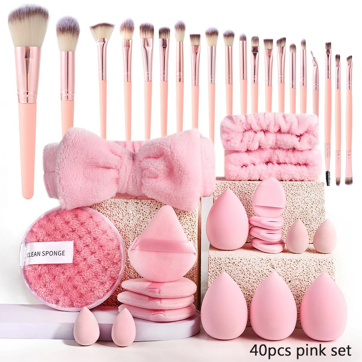 Pink Makeup Set – Brushes, Beauty Sponges, Headband & Beauty Accessories - CosmétiquebyLyria