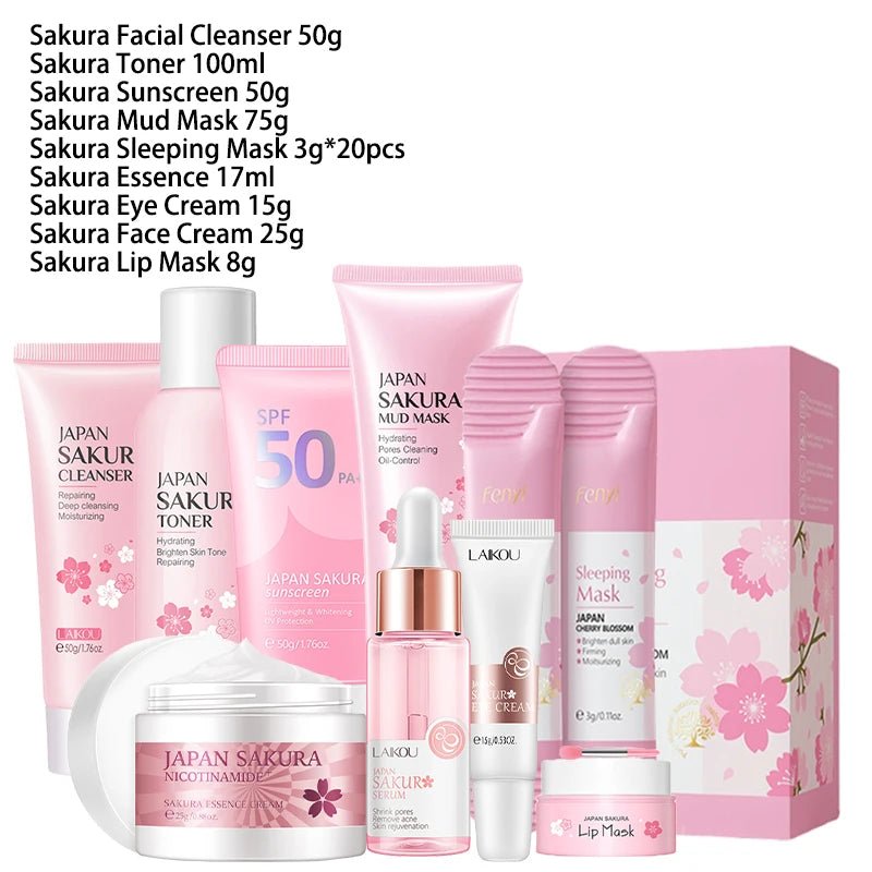 Sakura 9 - in - 1 Skincare Set – Facial Cleanser, Toner, Cream & Eye Care Kit - CosmétiquebyLyria
