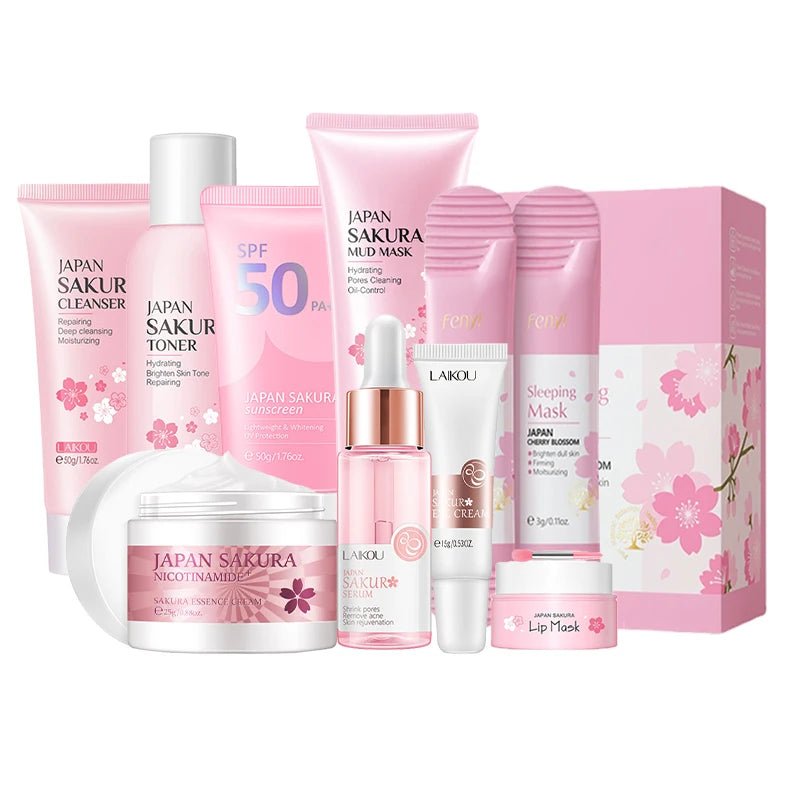 Sakura 9 - in - 1 Skincare Set – Facial Cleanser, Toner, Cream & Eye Care Kit - CosmétiquebyLyria
